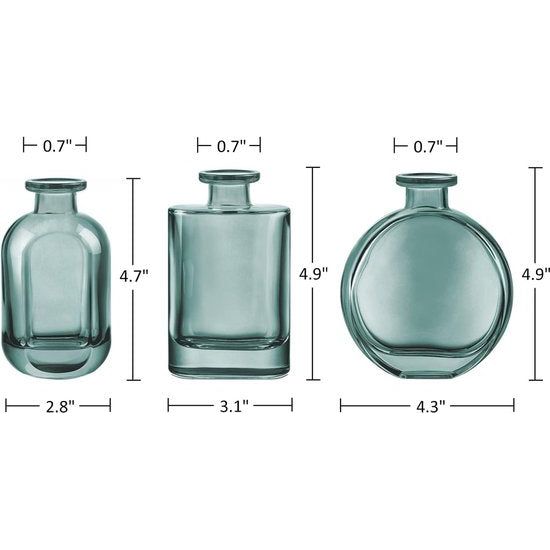 Blauw-groene set van 3 kleine glazen vazen - kleurrijke bloemenvaas voor op het bureau - decoratieve knoopvaas voor thuis, kantoor, tafeldecoratie.