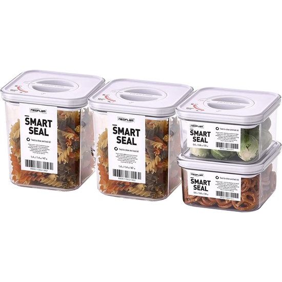 Smart Seal voorraaddozen set 4-delig BPA-vrij, vershouddozen, luchtdicht, vaatwasmachinebestendig, voorraaddozen met deksel wit, gepatenteerd, opbergdoos voor muesli, meel, 2x 1,35 l & 2x 2,1 l