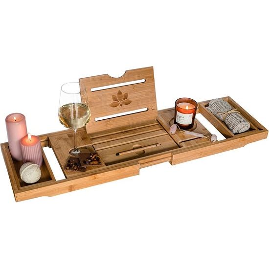 Uitschuifbare houten badplank 70-105 x 23 x 4 cm - bamboe badkuip met standaard en pen voor tablets en telefoons - wijnhouder badkuip - badtafel - tablethouder badkuip