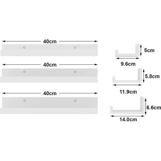 40 cm lang wandrek, wit, zwevend rek, fotolijst voor woonkamer, keuken, kinderkamer, werkkamer of slaapkamer, 3 stuks met verschillende maten