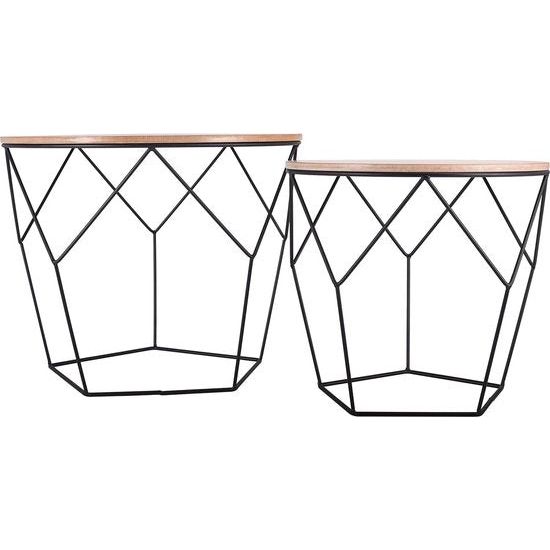 Set van 2 bijzettafels, houten plaat op stevig metalen frame - salontafel met mandfunctie, woonkamertafel, rieten tafel, metalen tafels - ideaal voor woonkamer, slaapkamer, kantoor - Lichtbruin hout/zwart - Pentagon