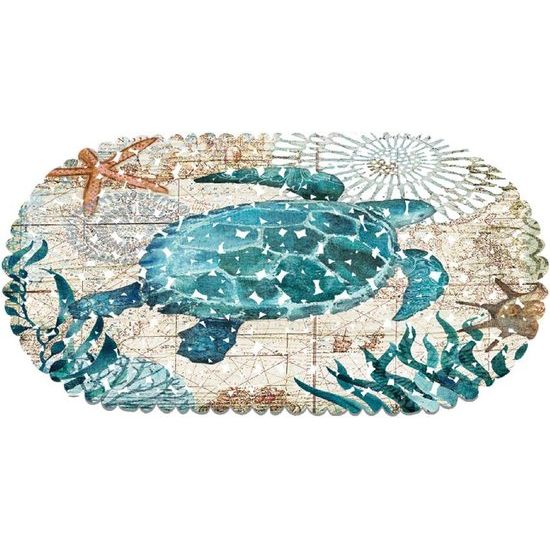 Douchemat, antislip, 68 x 35 cm, badmat met zuignappen, zeeschildpad, ovaal, antislipmat, douche voor kinderen, antislip, badmat, kustoceaanstrand, nautisch decor