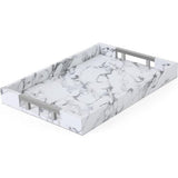 Dienblad van PU-leer, modern, elegant, rechthoekig, decoratief dienblad met metalen handvat, grote capaciteit, lederen serveerplaat voor eten, dranken, sieraden, sleutels, woonkamer, keuken, ijdelheid (wit marmer)