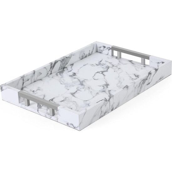 Dienblad van PU-leer, modern, elegant, rechthoekig, decoratief dienblad met metalen handvat, grote capaciteit, lederen serveerplaat voor eten, dranken, sieraden, sleutels, woonkamer, keuken, ijdelheid (wit marmer)