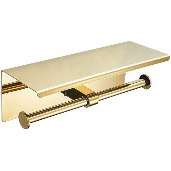 Double Roll Toilet Paper Holder with Shelf, Wall Mounted Stainless Steel Tissue Dispenser for Bathroom (Gold)