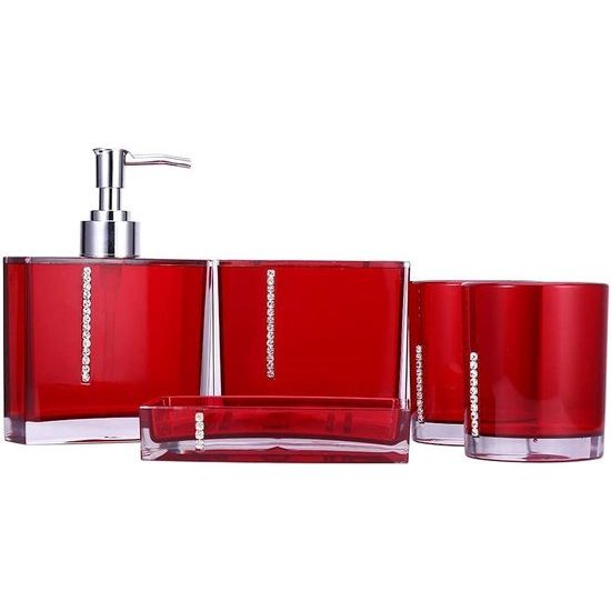 Yosoo 5-delige eersteklas badkamerset van hoogwaardig acryl met diamanten bad accessoires set lotion flessen, tandenborstelhouder, tand beker, zeepbakje (rood)