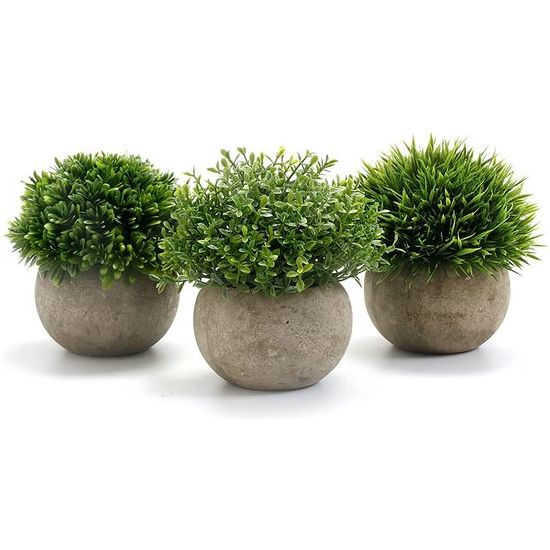 GoMaihe Kunstplant 3 Stuks met Grijze pot, 9,5 x 13 Mini Binnen en Buiten Plastic Nep Groen Gras, voor Woonkamer Balkon Dadkamer Kantoor Bruiloft Decoratief, Voortreffelijk Nieuw Huis Cadeau