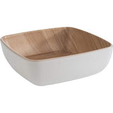 Bijna onbreekbare melamine schaal, stevige kunststof schaal, 12,5 x 12,5 x 4,5 cm, mueslikom, snackkom, stapelbaar, binnenkant houtlook, buitenkant wit, vaatwasmachinebestendig