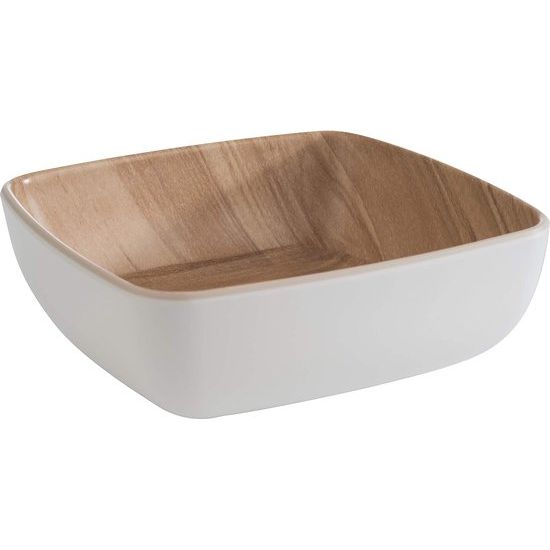 Bijna onbreekbare melamine schaal, stevige kunststof schaal, 12,5 x 12,5 x 4,5 cm, mueslikom, snackkom, stapelbaar, binnenkant houtlook, buitenkant wit, vaatwasmachinebestendig