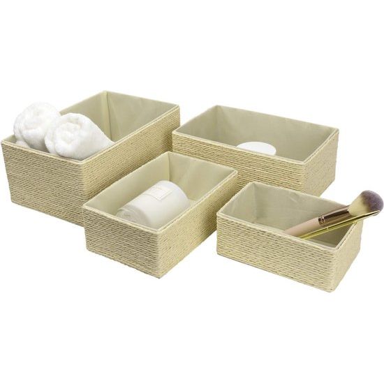 Opbergmanden set van 4 - Rieten manden Papiercontainers voor opslag Make-up dozen voor kast Badkamer Slaapkamer Woonkamer Beige