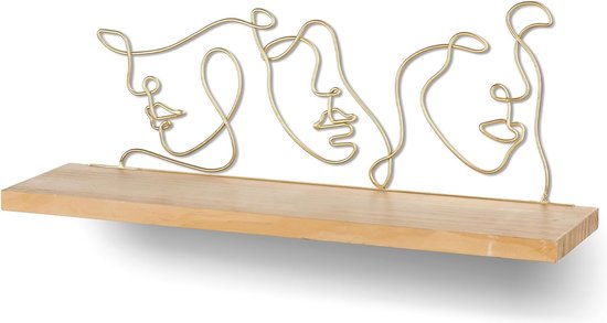 Wandrek, hout, metaal, zwevende plank, wanddecoratie, goud, set van 2, wandplanken, moderne wandplanken, decoratie, woonkamer, 40 cm, abstract, esthetische kunst