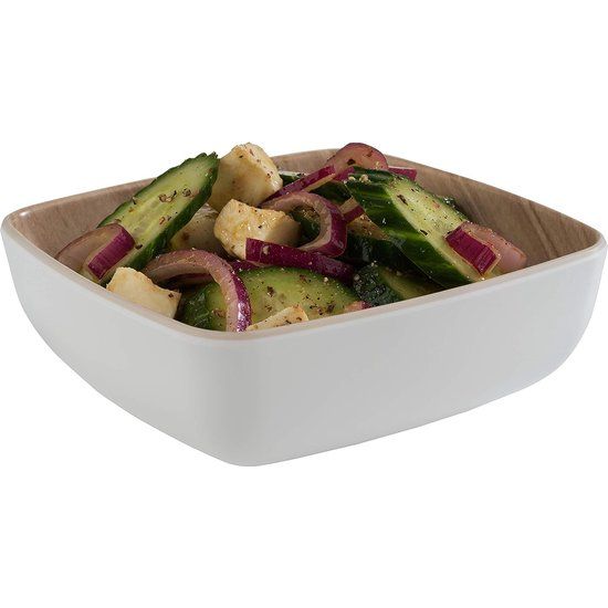 Bijna onbreekbare melamine schaal, stevige kunststof schaal, 12,5 x 12,5 x 4,5 cm, mueslikom, snackkom, stapelbaar, binnenkant houtlook, buitenkant wit, vaatwasmachinebestendig