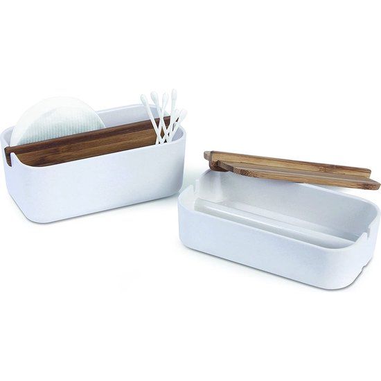 Lexon Cotton-box, wit/bamboe, 15,4 x 9,4 x 8,4 cm