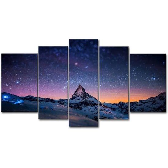 5-delige kunstprint op canvas, frisse uitstraling, wandafbeelding, sterrenhemel boven de bergen, olie-landschapsfoto's voor thuis, moderne decoratie voor de woonkamer
