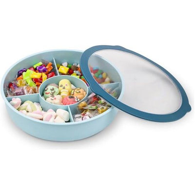 SelfTek Snackbox met vakken, grote ronde snackbox met deksel en handvat, 6 kommen en 4 fruitvorken, snackplaat, feesttransportbox