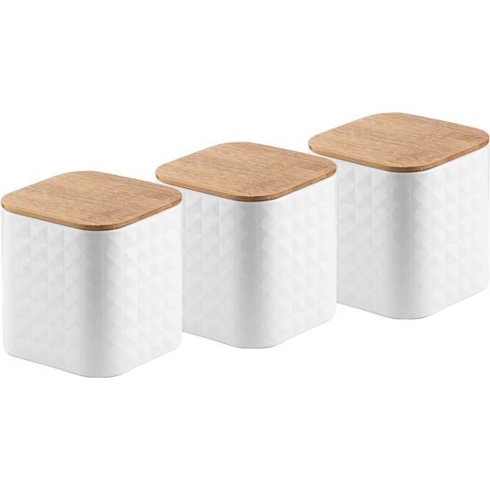 Bread Bin Including Set of 3 Storage Containers Cube I Bread Box Made of Steel and Bamboo Lid I Spacious and Modern Bread Container I 3 Storage Jars for Coffee Tea Sugar I Colour: White