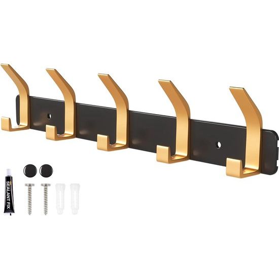 Kapstokhaken, zwart en goud, met 5 haken, deurhaken voor badkamer, keuken, woonkamer en hal