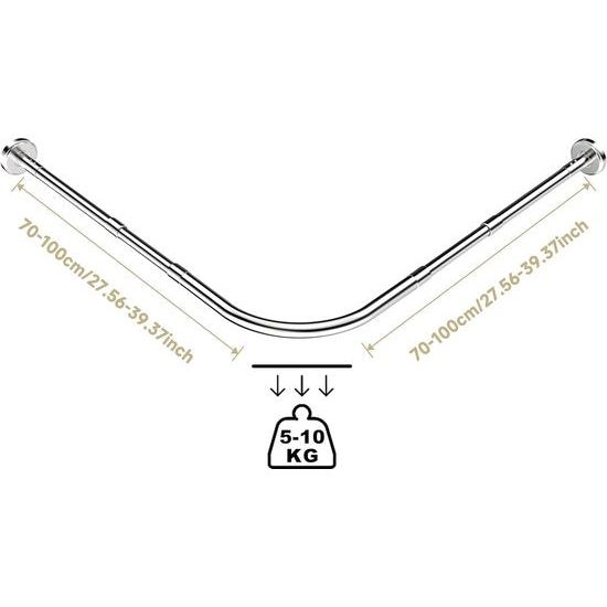 Douchegordijnstang L-vorm boren moeten douchegordijnhoekstangen 70-100x70-100 cm uitbreidbaar roestvrij staal douchegordijnen stangen met 24 ringen, douchestang hoek voor badkamer, badkuip, kleedkamer
