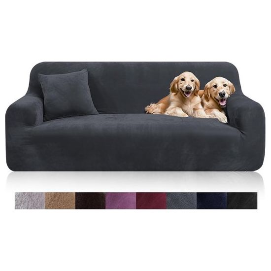 Thick Velvet Sofa Throws Sofa Cover with One Cushion Cover, Super Soft Elastic Sofa Cover in Grey Colour for 1/2/3/4 Seater (L-Shaped Corner Sofa Requires Two)