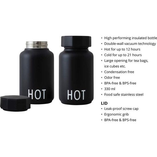 Thermo/thermosfles, Hot & Cool, klein (zwart) - BPA-vrij dubbelwandig vacuüm, roestvrij staal, Scandinavisch design, ideaal voor onderweg, 330 ml, lekvrij, licht, 204 g