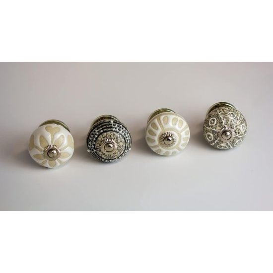 4-pack meubelknoppen van keramiek, wit en grijs diameter: 40 mm kastknop, ladeknop incl. schroeven shabby chic vintage