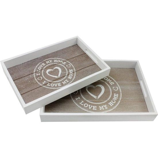 2-Piece Wooden Tray Set - Vintage Decorative Boards in 2 Sizes - White, Printed Serving Trays - Shabby Chic Decorative Bowls with Carry Handles (02 Pieces - I Love My Home)