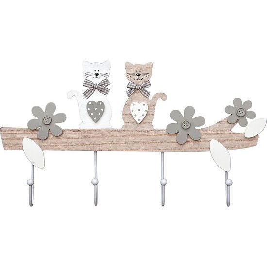 kledinghaken garderobehaken met katten, decoratieve houten wandhaken in kattendesign, 4 haken, decoratie voor muur of deur