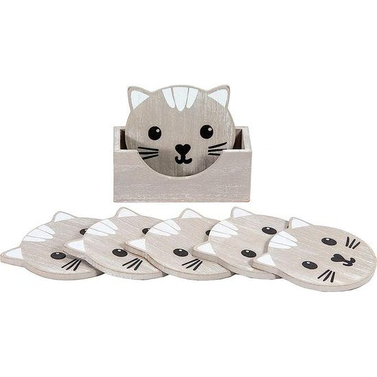 Onderzetters van hout - in kattendesign - voor kopjes, bekers en glazen - cadeau voor kattenliefhebbers en katteneigenaren - grijs - set van 6