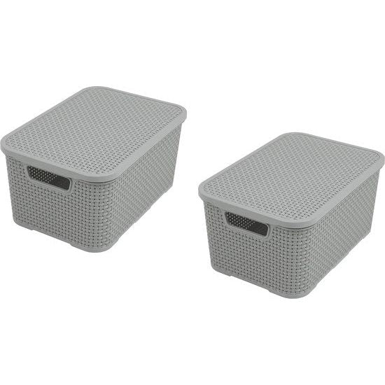 Set van 2 plastic rotan manden met deksels gemaakt van bisfenol A (BPA)-vrij polypropyleen, lichtgrijs, maat S (7 liter)