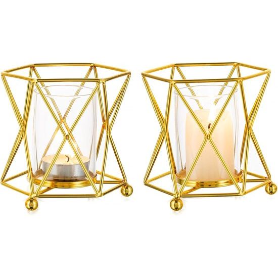 Theelichthouder kandelaar goud geometrisch: theelicht geometrische kaarsenhouder 2 stuks zeshoek metalen theelichtjes decoratieve lantaarn eetkamer woonkamer slaapkamer bruiloft tafel