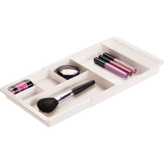 Cosmetica-organizer met vakken, uittrekbare opbergdoos voor de lade, perfect voor het opbergen van make-up, sieraden en voor kleine badkameraccessoires, crèmekleurig