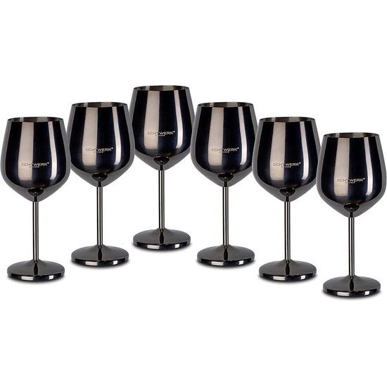 Onbreekbare wijnglazen/wijnkelk van roestvrij staal, wijnglasset, rode wijnglas, wijnproeverijglazen, campingglazen, cocktailglazen, robuust, onbreekbaar, Black Edition, 6-delig, 21 x 7,3 cm,