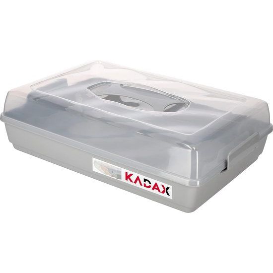 KADAX - Taarten- en gebakdoos met deksel, 44 x 30 x 12,5 cm - taarthouder van kunststof, transportbox met handvat, bakvorm, voor blikken cake, muffins, rechthoekig, voedselbox - Grijs