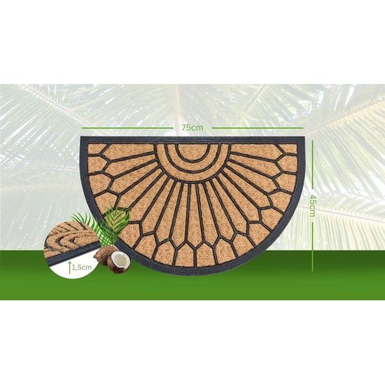 Kokos & Rubberen voetmat, halfrond voor binnen en buiten, vuilvangmat, naturel, kokosmat, outdoor ornamenten, weerbestendig en antislip, voor hal, terras, entree, 45 x 75 cm