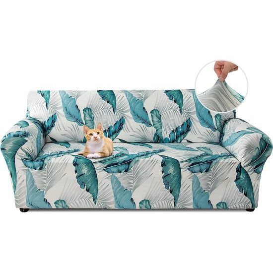 Bankhoes 4-zits elastische stretch spandex sofa plaids sofa hoes antislip wasbare bankbeschermer bankhoes voor bank met armleuningen, witte bladeren