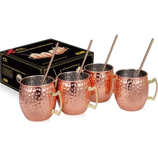 Moscow Mule koperen bekers: set van 4 bevat 4 x bekers van 550 ml, 4 rietjes in geschenkdoos, geweldig voor cocktail, gekoelde dranken, 100% koperen accessoires