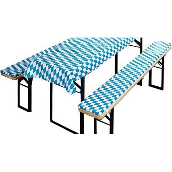 cover-set voor bier-tafel-en-bankstellen, geschikt voor de gangbare biertafels en banken, met 2 gevoerde bankkussens van elk ca. 220 x 25 x 1,6 en 1 tafelkleed van 240 x 70/90, met motieven, Bavaria-blauw