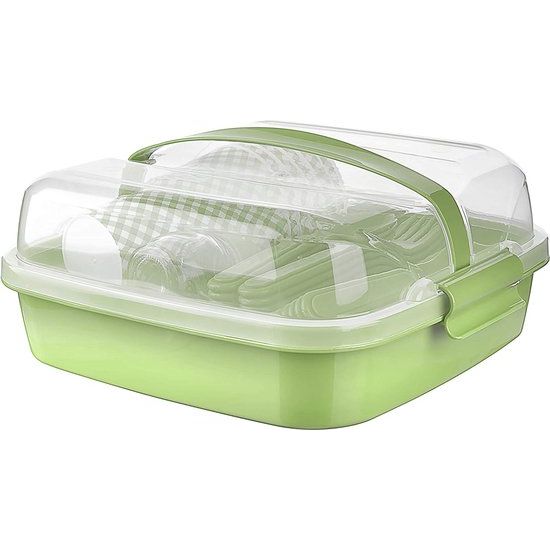 Picknickset voor 6 personen, BPA-vrij, gezond plastic, plastic bestek, vork, mes, lepel, bord, beker, zoutvaatje, picknickmand, picknicktas (groen)