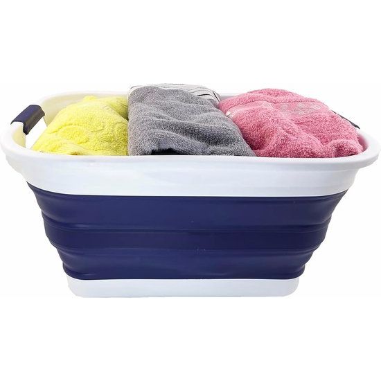 30 l opvouwbare wasmand van kunststof, opvouwbare pop-up opbergbak/organizer, draagbare wasbak, ruimtebesparende wasmand (1, wit/marineblauw)