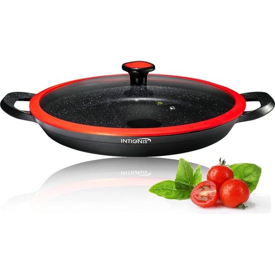 Paella Pan Bowl with Glass Lid Made of Non-Adhesive Stone Robust PFOA-Free Quality - Removable Handles (32 cm)