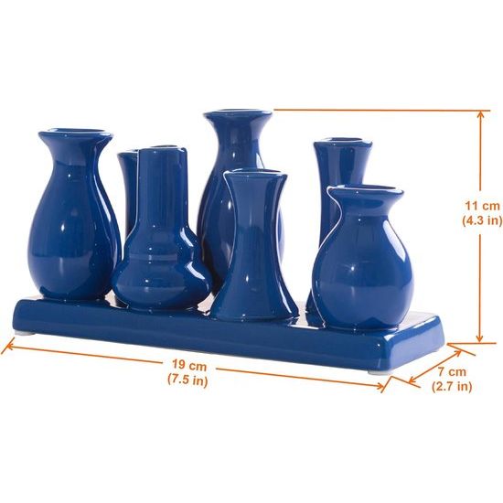 Handgemaakte keramische decoratieve bloemenvazen set van 7 mini-vazen in blauw