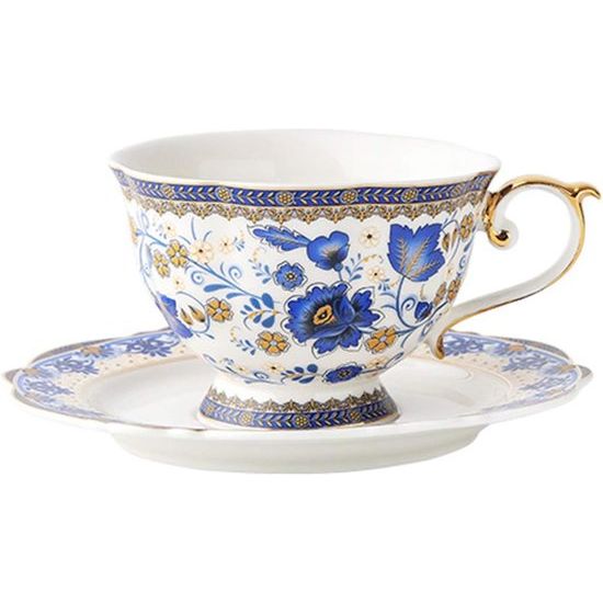 Blauwe bloem Fine Bone China theekopset, vintage porseleinen koffiekop en schotel, 200 ml