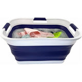 30 l opvouwbare wasmand van kunststof, opvouwbare pop-up opbergbak/organizer, draagbare wasbak, ruimtebesparende wasmand (1, wit/marineblauw)