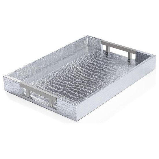 Dienblad van PU-leer, modern, elegant, rechthoekig, decoratief dienblad met metalen handvat, grote capaciteit, lederen serveerplaat voor eten, dranken, sieraden, sleutels, woonkamer, keuken, ijdelheid (zilver)