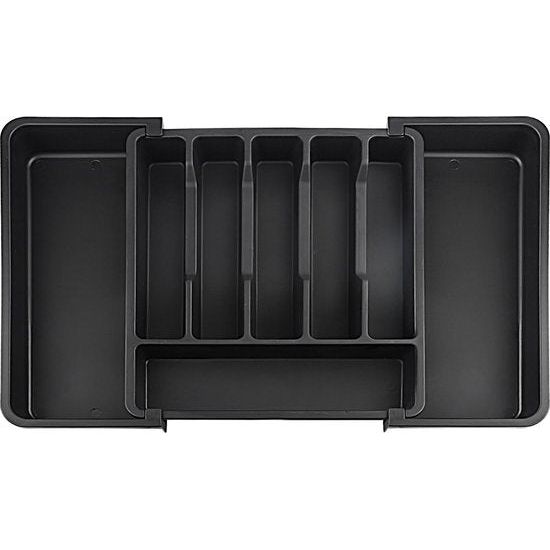 Bestekhouder, bestekbak, uittrekbare bestekhouder voor laden, van kunststof, met 8 vakken, geschikt voor lepels, vorken, messen (33,5-56,5 x 6 x 37,5 cm) (zwart)
