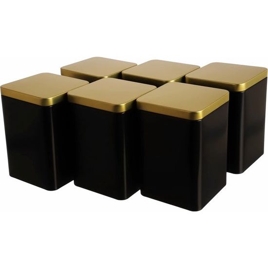 6 x elegante hoekige voorraaddos/theedoos, aromadicht van metaal voor elk 240 g thee, zwart goud | 13 x 9 x 9 cm (h x b x d) | ook ideaal als kruidenpotje