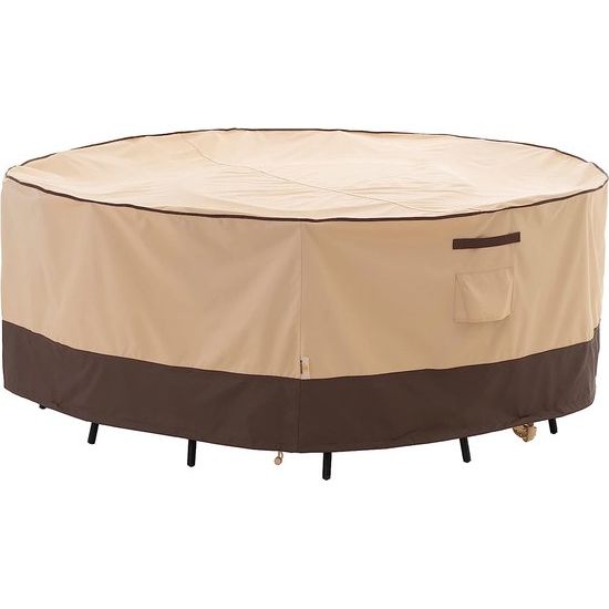 Beschermhoes voor tuintafels, robuust, scheurvast materiaal, waterdicht, sneeuwbescherming, UV-bestendig, dekzeil voor terrastafel, weerbestendig in zomer en winter, rond, 128 x 71 cm, beige