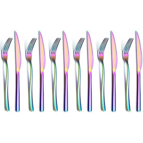 Bestekset, 12-delig, premium roestvrij staal, 6 tafelvorken en 6 tafelmessen, steakvorken voor 6 personen, vaatwasmachinebestendig (glanzend bont)