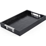 Dienblad van PU-leer, modern, elegant, rechthoekig, decoratief dienblad met metalen handvat, grote capaciteit, lederen serveerplaat voor eten, dranken, sieraden, sleutels, woonkamer, keuken, ijdelheid (zwart