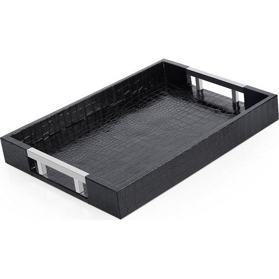 Dienblad van PU-leer, modern, elegant, rechthoekig, decoratief dienblad met metalen handvat, grote capaciteit, lederen serveerplaat voor eten, dranken, sieraden, sleutels, woonkamer, keuken, ijdelheid (zwart